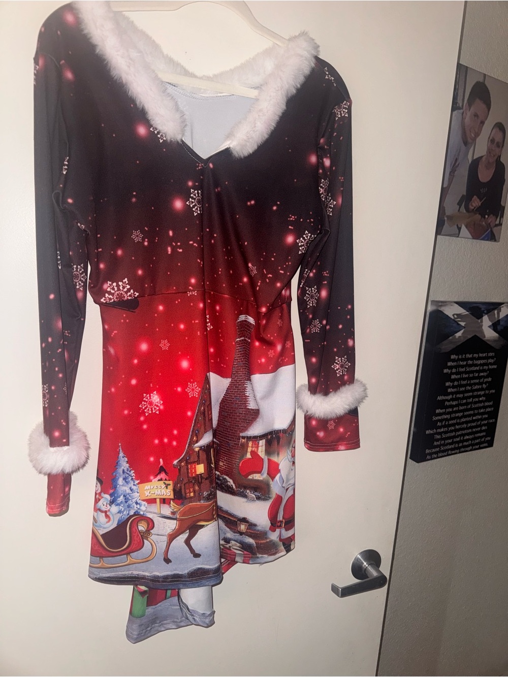 Red Christmas Santa Scene Holiday Dress with Faux Fur Trim